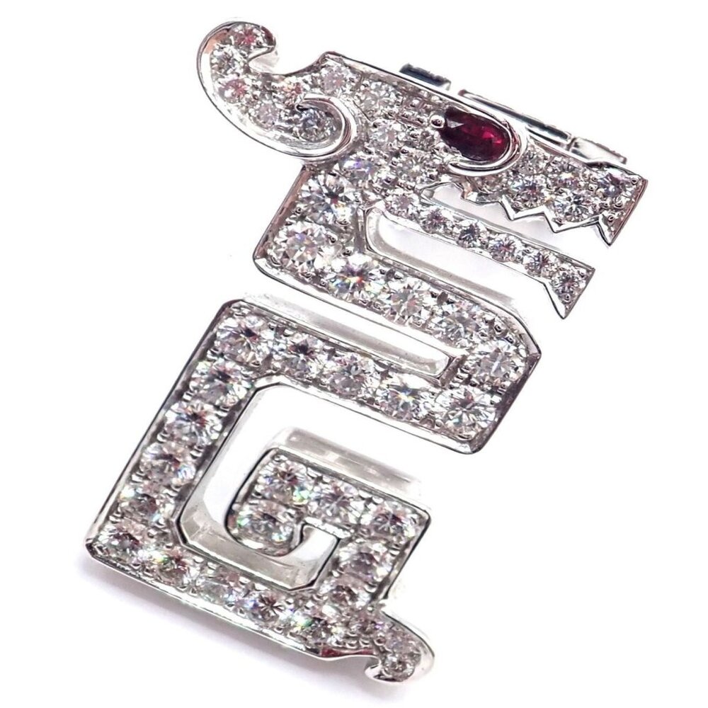 Authentic! Cartier Le Baiser Du Dragon 18k White Gold Diamond Ruby Pin Clip